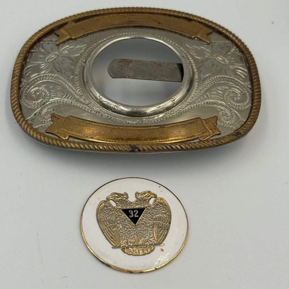 Vintage‎ German Silver Masonic 32nd Degree Scottish Rite Western Belt Buckle